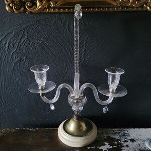 Antique Blown Glass and Brass Two-Arm Candelabra with Marble Base